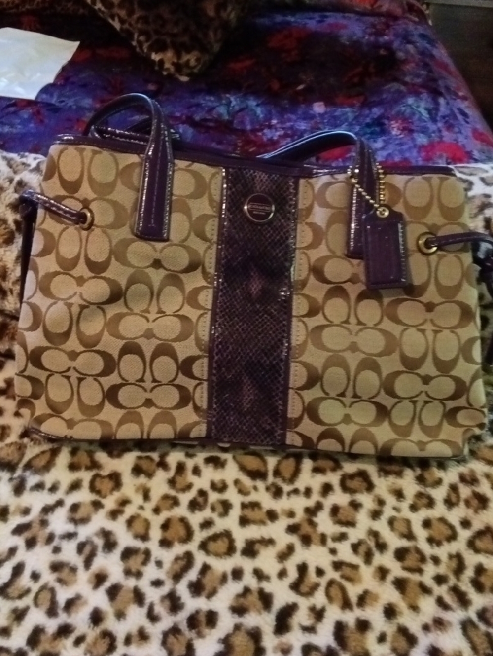 Coach Beige Signature Canvas Tote with Purple Trim